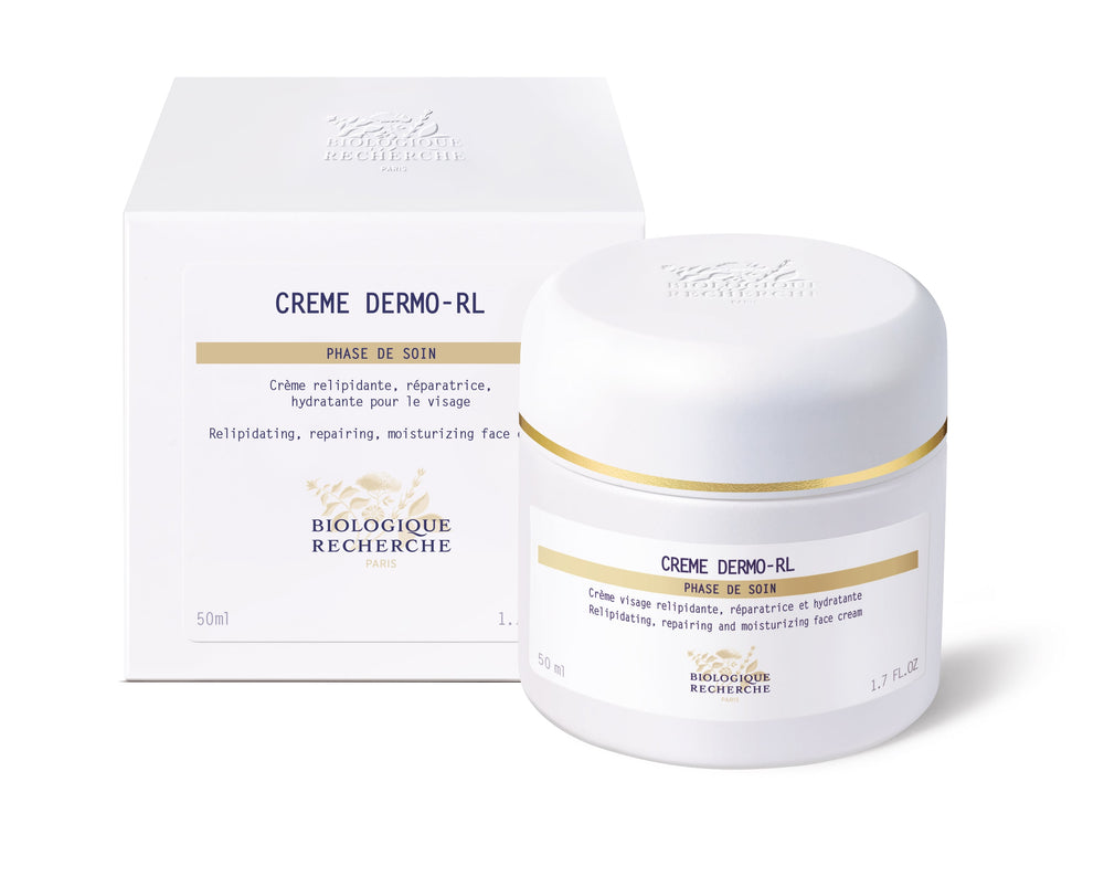 Biologique Recherche Crème Dermo RL is a white jar of face cream with gold lid accents, known for its lipid-replenishing and repairing properties, enhanced with moisturizing Hyaluronic Acid.