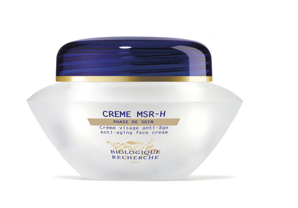 A close-up shows a jar of Biologique Recherche Crème MSR-H, an anti-aging cream for mature skin enriched with an oxygenating complex. The jar is white with a sleek blue lid.