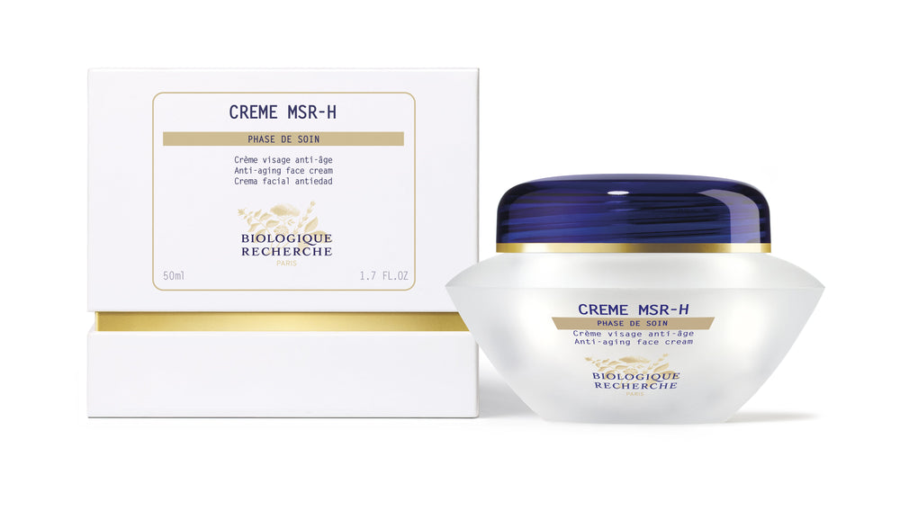 A close-up shows a jar of Biologique Recherche Crème MSR-H, an anti-aging cream for mature skin enriched with an oxygenating complex. The jar is white with a sleek blue lid.