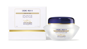 A container and box of Biologique Recherche Crème MSR-H, an anti-aging cream with an oxygenating complex, are displayed.