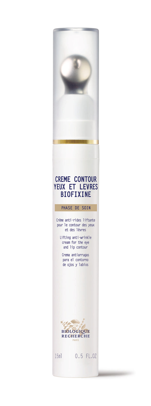 A white bottle of Biologique Recherche Crème Contour Yeux et Lèvres Biofixine for eyes and lips, targeting dark circles and fine lines. Multilingual text. Size: 15 ml, 0.5 fl. oz.