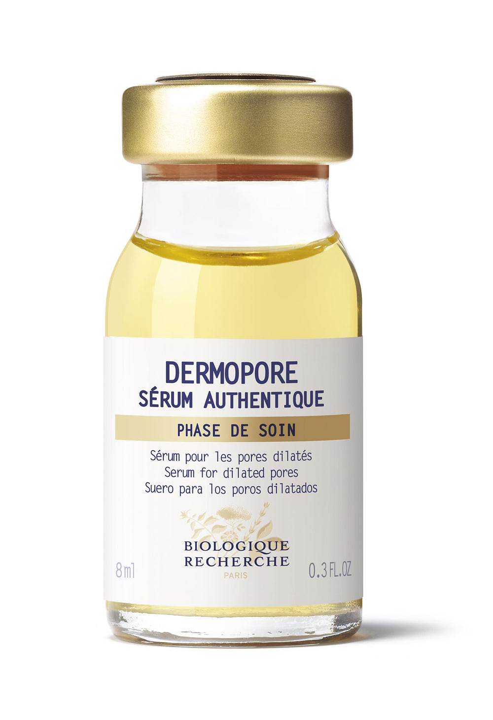 The "Serum Dermopore" comes in an 8 ml bottle with a gold cap. It is designed to target dilated pores, tighten them, and refine skin texture for a smoother appearance.