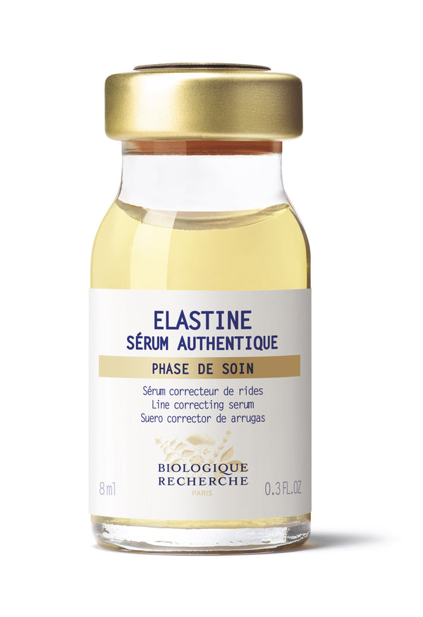 A small glass bottle labeled "Biologique Recherche Serum Elastine," with a gold cap containing 0.3 oz of line-correcting serum, is designed to prevent wrinkles and enhance skin elasticity.