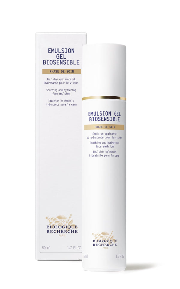 A white cylindrical bottle labeled "Biologique Recherche Emulsion Gel Biosensible" sits beside its matching box. Designed for sensitive skin, this hypoallergenic product provides soothing and moisturizing care.