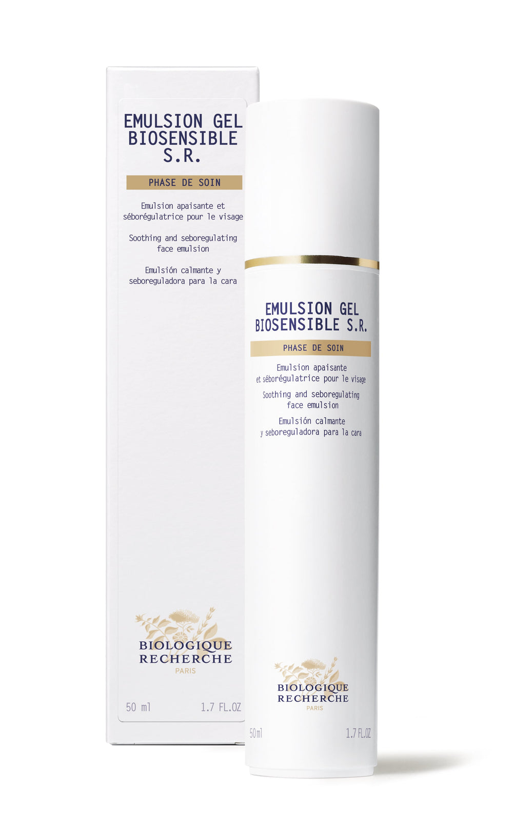 A white bottle of Biologique Recherche Emulsion Gel Biosensible S.R. stands before its box, showcasing text in French and English. This non-comedogenic formula provides soothing, sebum-regulating care for sensitive skin, offering an ideal balance for your facial routine.