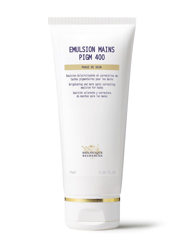 A 75ml white tube of Biologique Recherche Emulsion Mains PIGM 400 is perfect for hand care, nourishing pigmented hands and reducing age spots.