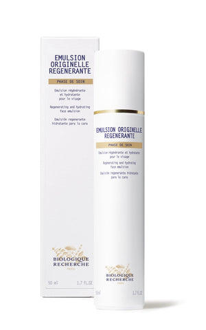 Biologique Recherche Emulsion Originelle Regenerante is a 50 ml face care product enriched with Essential Fatty Acids, ideal for regenerating and hydrating dehydrated skin. Comes in a bottle and box.