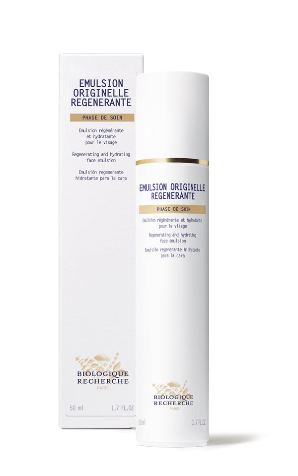 Biologique Recherche Emulsion Originelle Regenerante is a 50 ml face care product enriched with Essential Fatty Acids, ideal for regenerating and hydrating dehydrated skin. Comes in a bottle and box.