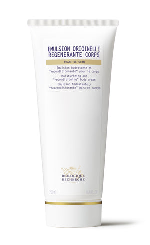 The 200ml white tube of Biologique Recherche Emulsion Originelle Regenerante Corps, a moisturizing and reconditioning silky body lotion, expertly hydrates skin to promote cellular renewal for smoothness.