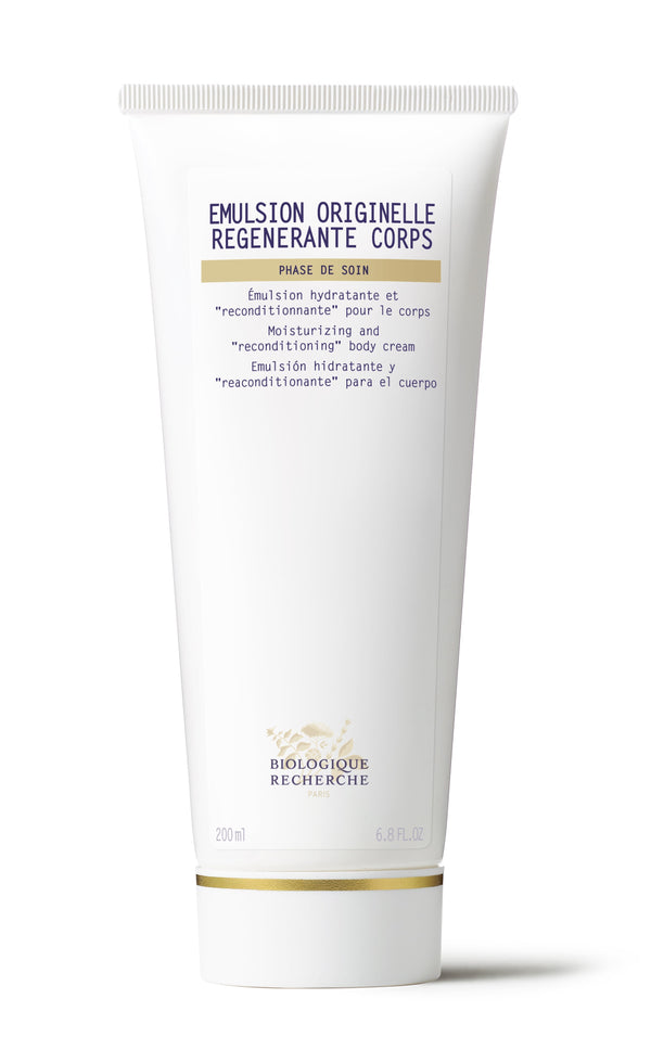 The 200ml white tube of Biologique Recherche Emulsion Originelle Regenerante Corps, a moisturizing and reconditioning silky body lotion, expertly hydrates skin to promote cellular renewal for smoothness.