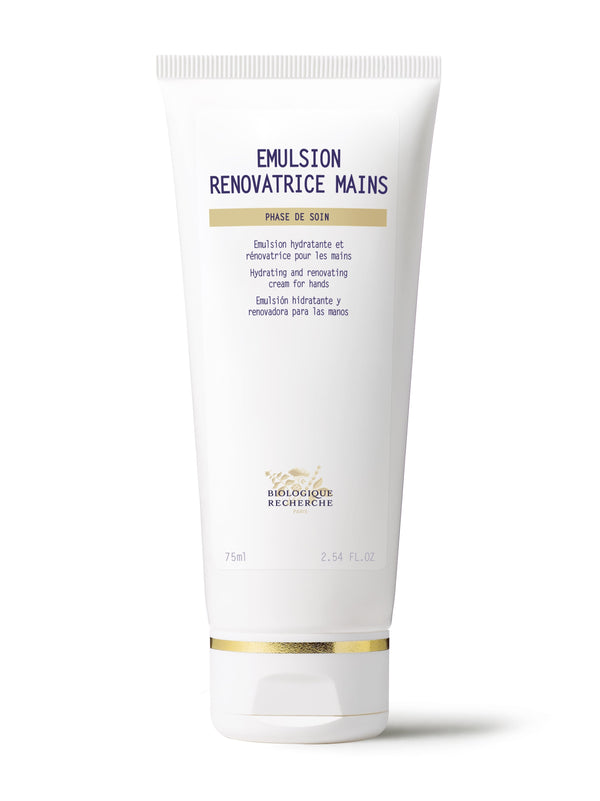 The "Emulsion Renovatrice Mains" hand cream comes in a 75ml white tube with text in French and English, showcasing its hydrating emulsion that renews the skin's barrier.