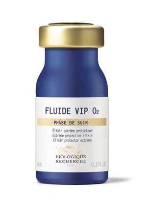 The Fluide VIP O2 - small from Biologique Recherche is a blue and gold bottle containing 8 ml (0.3 fl oz) of product, marketed as an "extreme protective elixir" and a superb oxygenating serum that revitalizes skin.