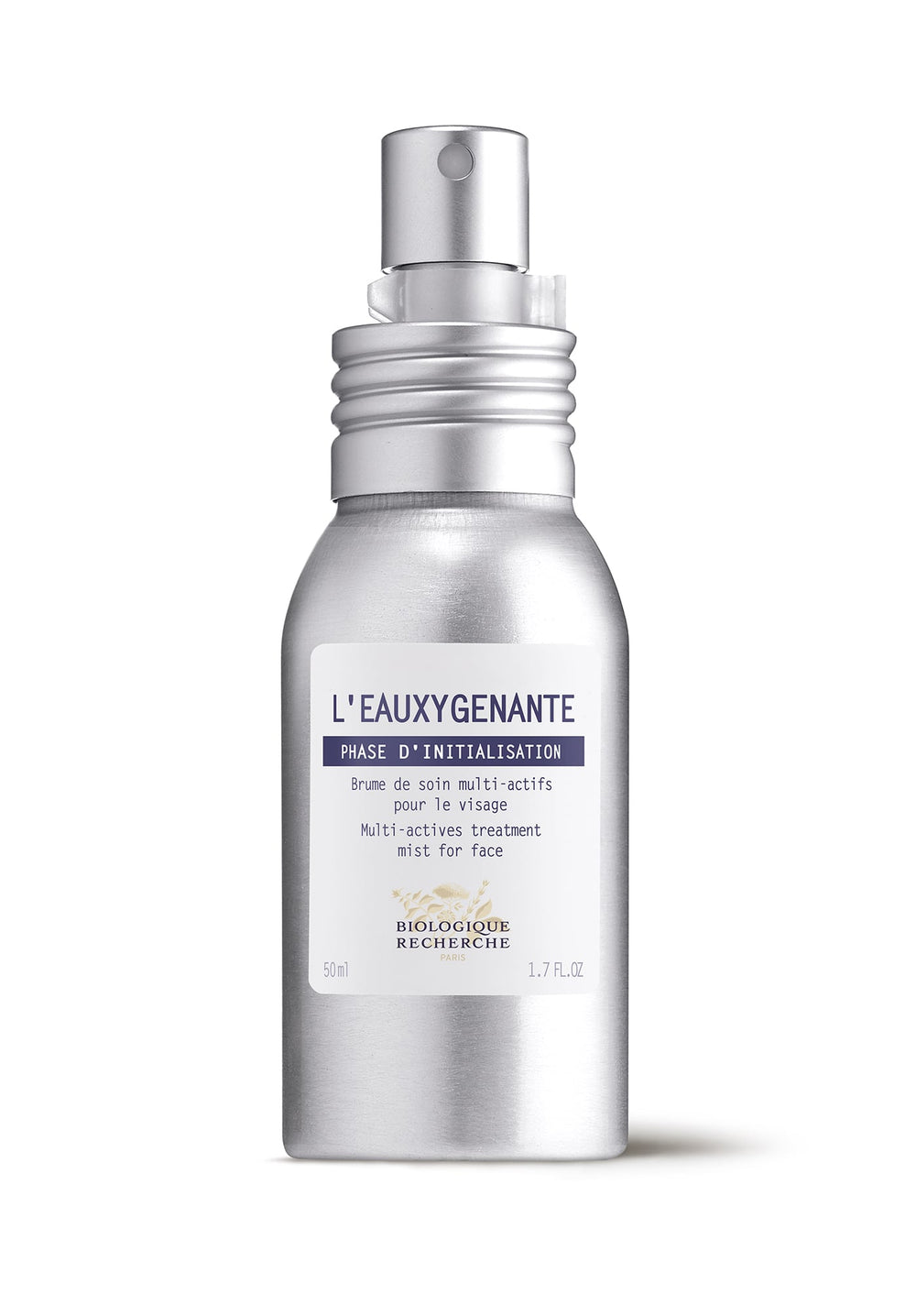 The Biologique Recherche L'Eauxygenante Spray, 1.7 oz, features a silver bottle and oxygenating ingredients. This multi-active mist revitalizes and shields skin with antioxidants, providing a refreshing spritz for your face.