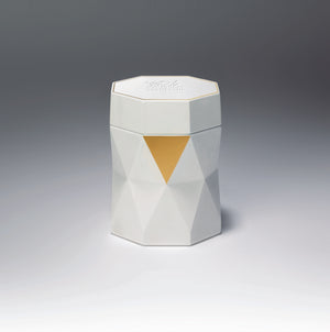 The Biologique Recherche La Grande Crème is presented in a white, geometric, faceted jar with a yellow triangular accent on the front, set against a gradient background, capturing the essence of professional cosmetics.