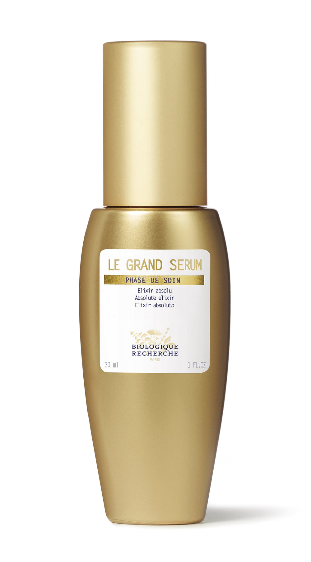 The Biologique Recherche Le Grand Serum, a 1 oz luxurious elixir absolu, comes in a gold bottle. It is infused with powerful antioxidants to enhance anti-aging properties, providing a revitalizing experience.