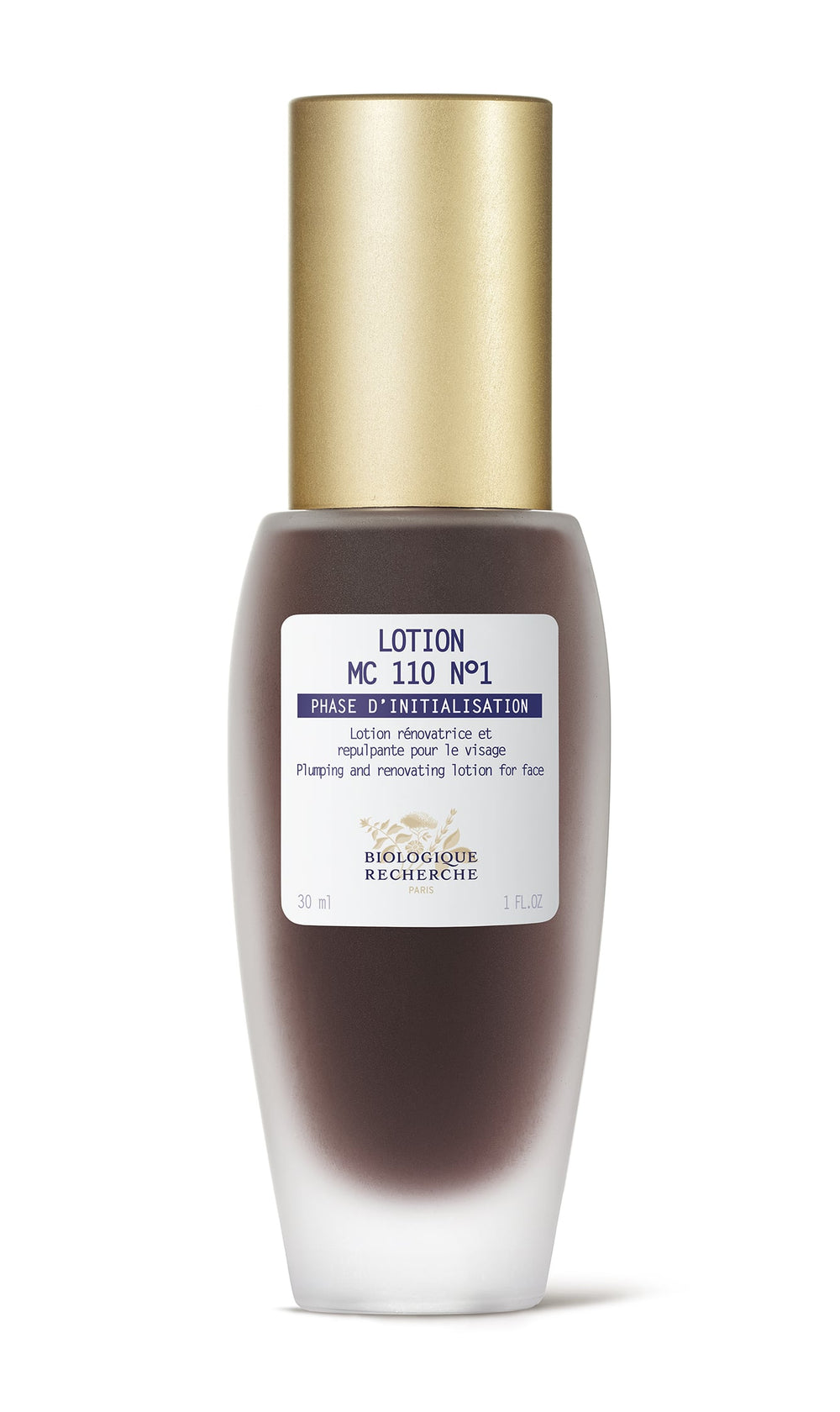 1 oz brown bottle of Biologique Recherche MC 110 No. 1 with gold cap, labeled as a plumping and renovating facial lotion that tones and exfoliates.