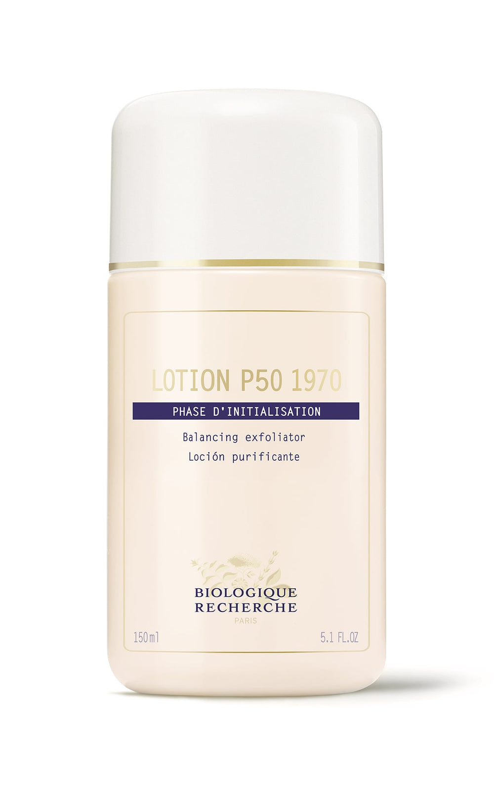 A 50ml Biologique Recherche P50 1970 bottle, a gentle exfoliator essential for beauty routines, is perfect for seborrheic skin and features French and English text.