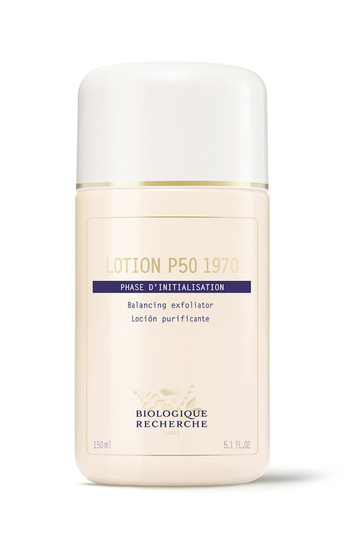 Biologique Recherche Lotion P50 1970: a balancing exfoliator with multilingual text in English, Spanish, and French. It contains 150 ml (5.1 fl. oz.) and sports a chic beige and white design.