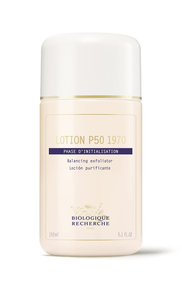 Biologique Recherche P50 1970: A 150 ml (5.1 fl oz) bottle labeled "Balancing Exfoliator" and "Loción Purificante," perfect for seborrheic skin.