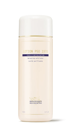 A 250ml bottle of Biologique Recherche P50 1970, designed for seborrheic skin, with a beige label and white cap. Includes text: "Balancing exfoliator" and "Loción purificante." Capacity is 8.4 fl oz.