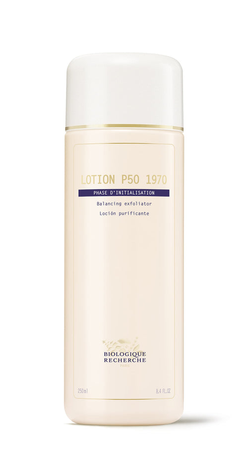 The Biologique Recherche Lotion P50 1970, a beauty essential, is distinguished by its white cap and beige label, offering balanced exfoliation.