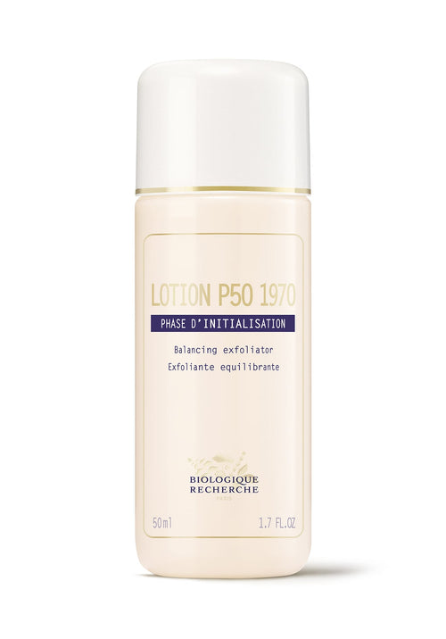 A 50ml Biologique Recherche P50 1970 bottle, a gentle exfoliator essential for beauty routines, is perfect for seborrheic skin and features French and English text.