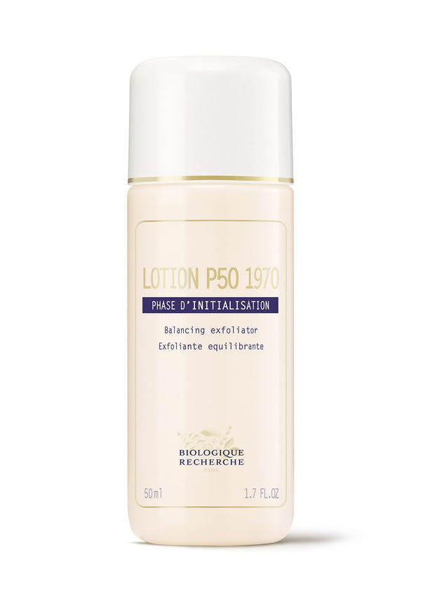 Biologique Recherche Lotion P50 1970 bottle features a white cap and text highlighting its role as an essential balancing exfoliator.
