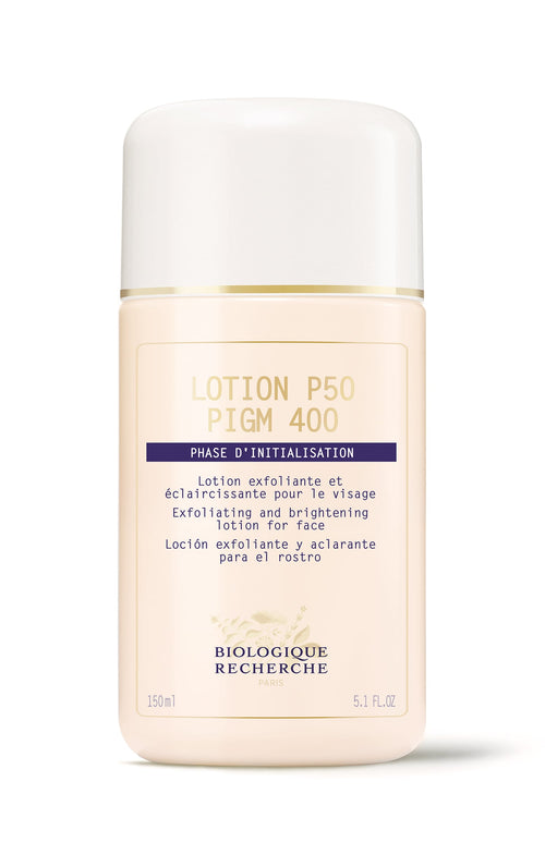 Biologique Recherche Lotion P50 PIGM 400, a white 5.1 oz bottle, is labeled as an exfoliating and brightening facial lotion that promises to exfoliate the skin and brighten pigmentation effectively.