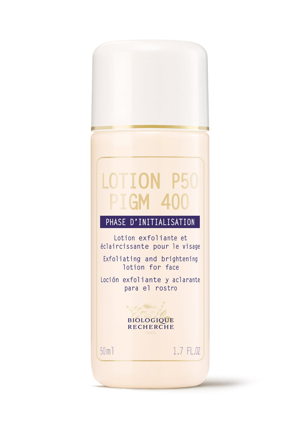 The 1.7oz Biologique Recherche Lotion P50 PIGM 400 Travel is a luxurious solution known for refining pigmentation. This product exfoliates and brightens the face, offering a radiant complexion with each application.