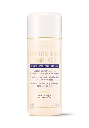 The 1.7oz Biologique Recherche Lotion P50 PIGM 400 Travel is a luxurious solution known for refining pigmentation. This product exfoliates and brightens the face, offering a radiant complexion with each application.