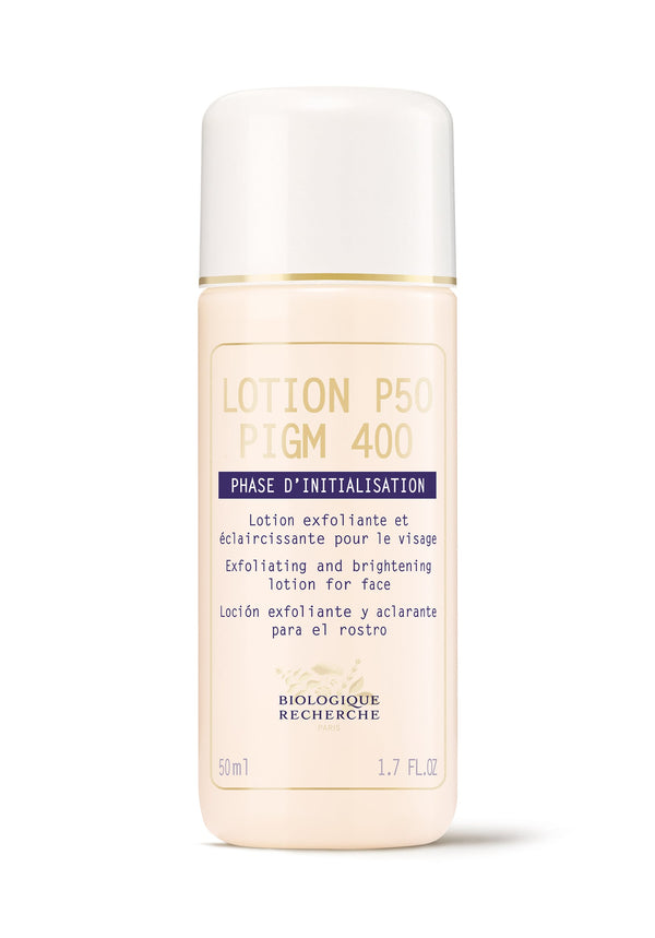 The 1.7oz Biologique Recherche Lotion P50 PIGM 400 Travel is a luxurious solution known for refining pigmentation. This product exfoliates and brightens the face, offering a radiant complexion with each application.
