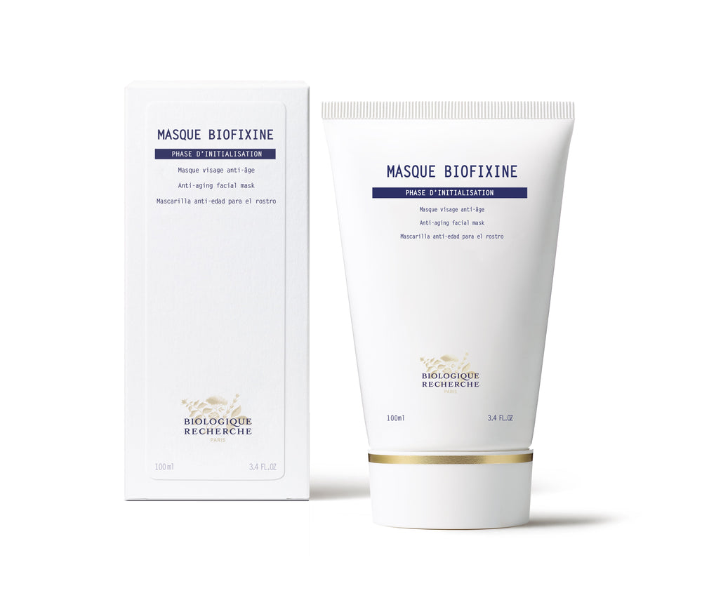 Biologique Recherche Masque Biofixine in a white tube and box contains a 100ml anti-aging, anti-wrinkle facial mask that relaxes skin muscles.