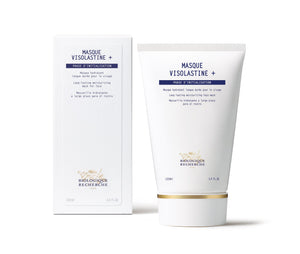 Biologique Recherche Masque Visolastine + is presented in a sleek tube and box with detailed product info. This moisturizing mask hydrates, supports the skin barrier, and reduces transepidermal water loss.