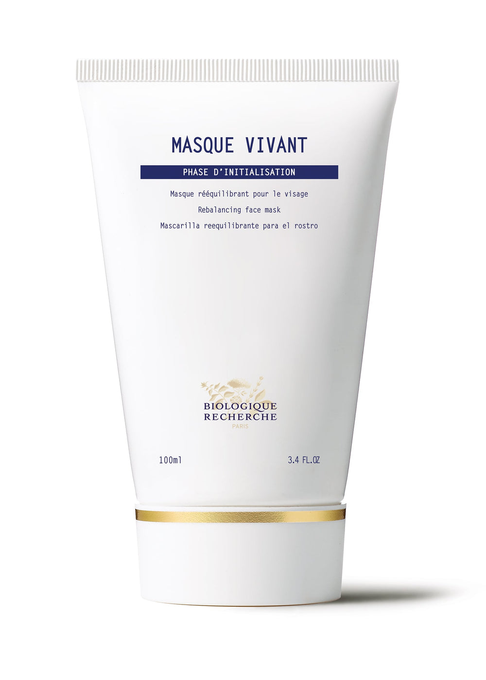 The Biologique Recherche Masque Vivant is a white tube with French, English, and Spanish text. This 100ml (3.4 fl oz) skincare essential is enriched with yeast and witch hazel.