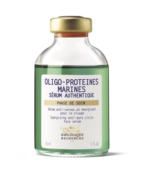 Glass bottle of Biologique Recherche Serum Oligo-Proteines Marines, 1 oz, for revitalizing skin and anti-dark circle care, with a green and white label.