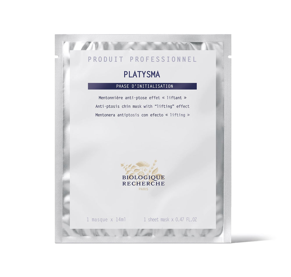 The Biologique Recherche Platysma lifting sheet mask, packaged in white, includes product details in English, French, and Spanish. This Anti-Ptosis Chin Mask provides a firming effect to enhance facial contour for a revitalized look.