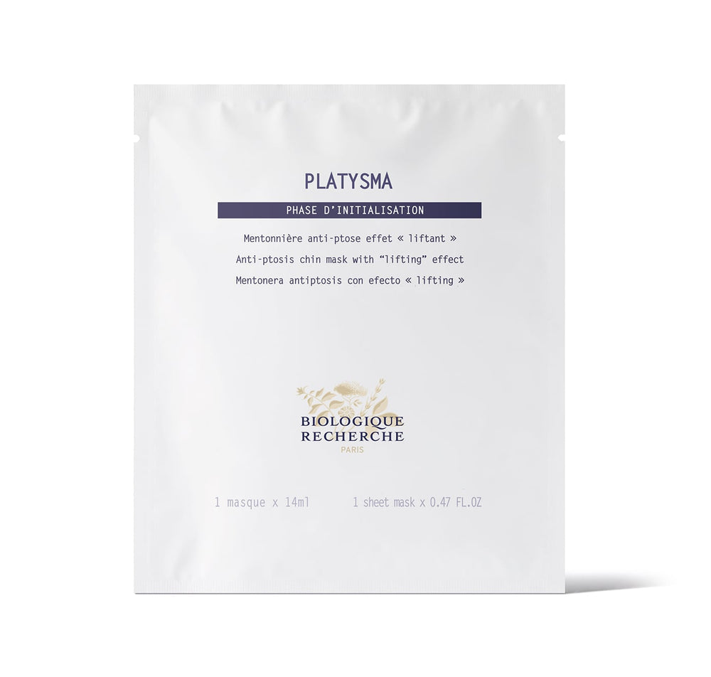 The Biologique Recherche Platysma lifting sheet mask, packaged in white, includes product details in English, French, and Spanish. This Anti-Ptosis Chin Mask provides a firming effect to enhance facial contour for a revitalized look.