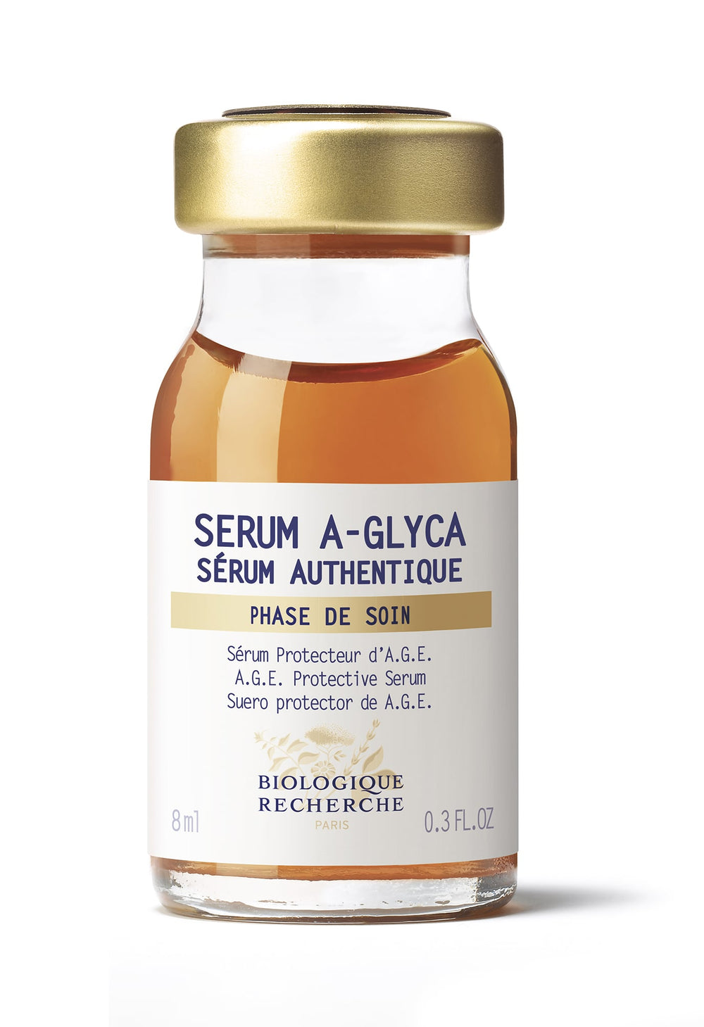 The 0.3 oz Biologique Recherche Serum A-Glyca, with a gold cap, aims to reduce wrinkles for smoother, firmer skin and features product details in French and English on the label.