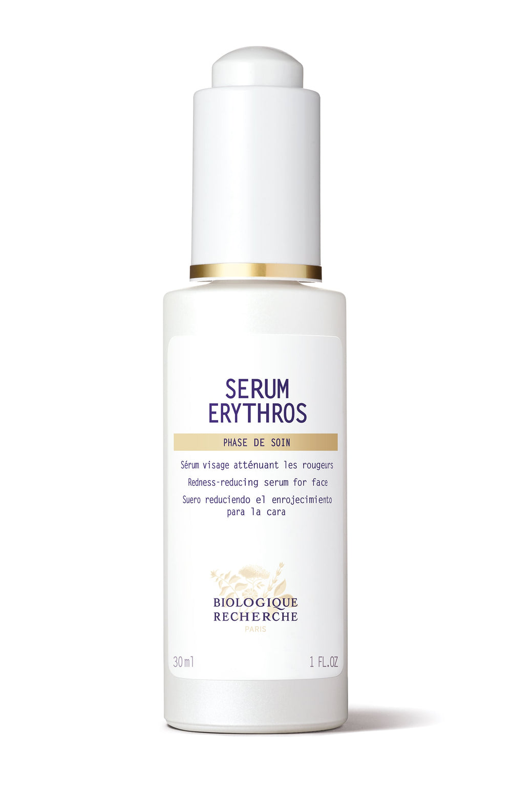 A 1 oz bottle of Biologique Recherche Serum Erythros, a white face serum that enhances complexion and reduces redness.