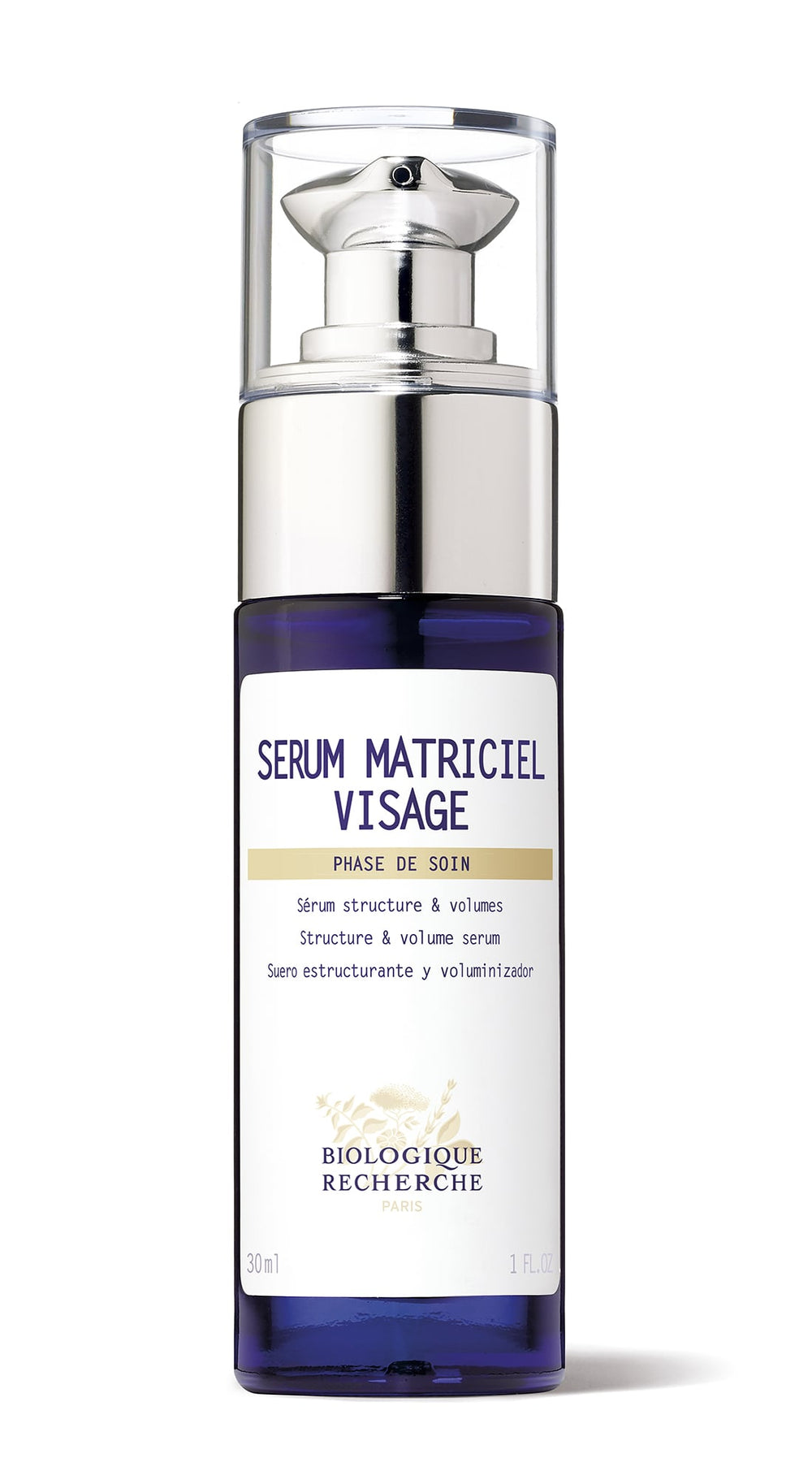 A 30ml clear bottle of Biologique Recherche Serum Matriciel Visage features a pump dispenser and contains a serum that enhances skin tissue and addresses facial hollows.