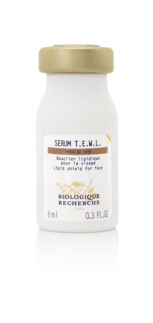 A small white 8 ml bottle, labeled "Serum TEWL - 0.3" by Biologique Recherche, features gold text and a beige cap.