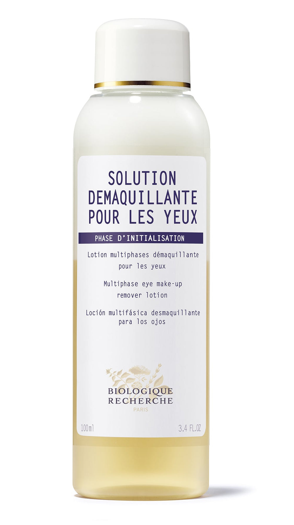 A 100 ml Biologique Recherche Solution Démaquillante pour les Yeux, with a hypoallergenic formula and gold-capped design, removes even waterproof eye makeup effectively.