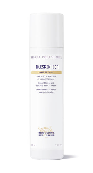 Biologique Recherche Creme Toleskin in a white 100 ml bottle features multilingual descriptions and is expertly formulated to reduce skin sensitivity and calm redness for a soothed complexion.