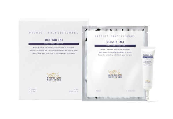 The Masque Toleskin by Biologique Recherche, featuring a box, sachet, and tube to ease cutaneous overreactions, is showcased on a pristine white background.