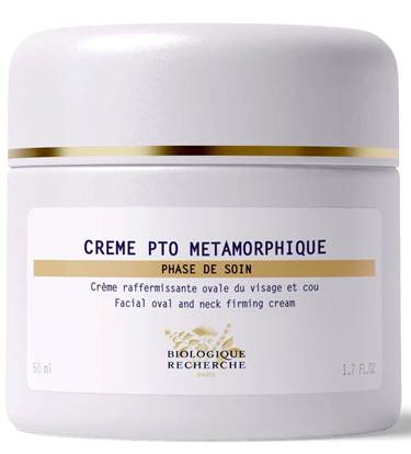 A 1.7 fl oz white jar labeled "Creme PTO Metamorpique" from Biologique Recherche, described as a facial oval and neck firming cream.