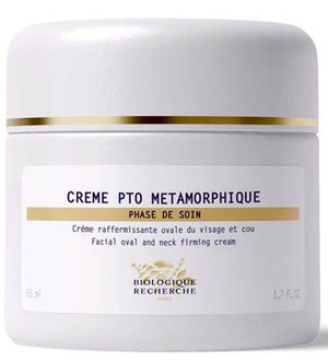 A 1.7 fl oz white jar labeled "Creme PTO Metamorpique" from Biologique Recherche, described as a facial oval and neck firming cream.