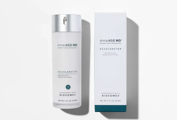A bottle and box of AnteAGE MD Biosome Accelerator, a skin moisturizer with growth factors for advanced skincare, are shown side by side on a white background.
