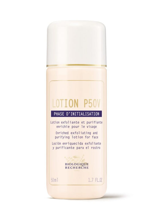 A 50ml bottle of Biologique Recherche Lotion P50V, an exfoliating and purifying face lotion that tones skin, featuring a beige cap and multilingual text in French, English, and Spanish.