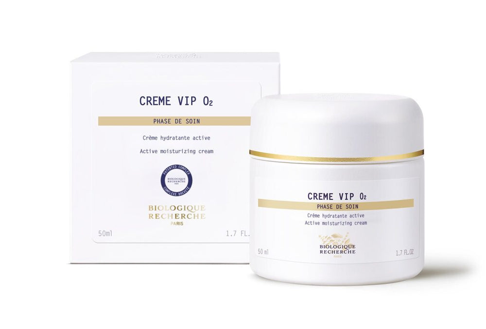 A white jar of Crème VIP 02 oxygenating face cream with a clear lid, containing 50 ml (1.7 fl. oz) of this luxurious formula.