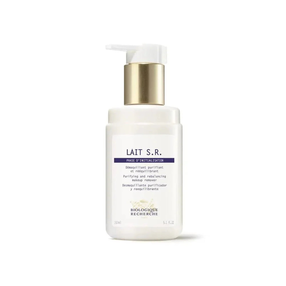 A white bottle with a gold pump labeled "Lait S.R. Biologique Recherche" in 5.1 oz, this purifying cleanser rebalances skin by removing makeup and targeting excess sebum.